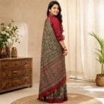 Women's Green Ajrakh Print Silk Blend Saree with Red Border, Elephant Motif Traditional Printed Saree with Unstitched Blouse Piece - Image 5