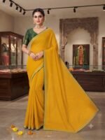 Women's Mustard Yellow Plain Silk Saree with Green Contrast Blouse | Golden Zari Border Traditional Saree