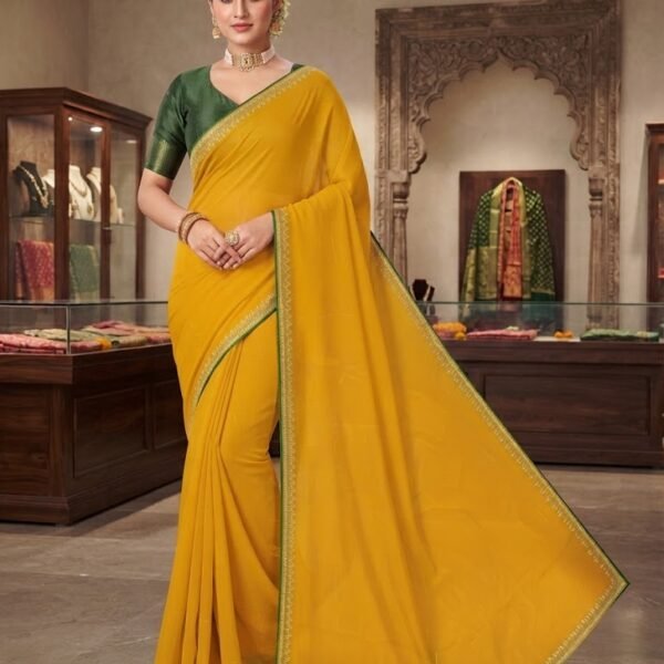 Women's Mustard Yellow Plain Silk Saree with Green Contrast Blouse | Golden Zari Border Traditional Saree