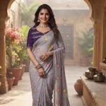 Women's Grey Silver Georgette Saree with Purple Embroidered Blouse | Floral Sequin Work Party Wear Saree with Stone Border - Image 2