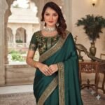 Women's Teal Green Silk Saree with Multicolor Embroidered Border, Tassel Detailing & Embroidered Blouse Piece – Party Wear, Wedding, Festive Saree - Image 3