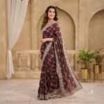 Brown Organza Saree with Silver Zari Embroidery, Designer Party Wear Saree with Stitched Blouse for Women - Image 5