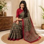 Women's Green Ajrakh Print Silk Blend Saree with Red Border, Elephant Motif Traditional Printed Saree with Unstitched Blouse Piece - Image 6
