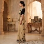 Women's Beige Georgette Saree with Black Floral Embroidery, Scalloped Cutwork Border & Contrast Blouse Piece – Party Wear, Wedding, Festive Saree - Image 4