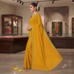 Women's Mustard Yellow Plain Silk Saree with Green Contrast Blouse | Golden Zari Border Traditional Saree - Image 4