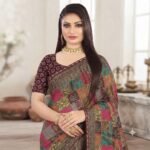Women's Multicolor Digital Print Patchwork Saree with Maroon Blouse | Kalamkari Style Printed Saree with Contrast Border - Image 5