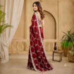 Red Organza Saree with Silver Zari Embroidery, Designer Party Wear Saree with Stitched Blouse for Women - Image 5