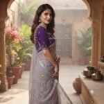 Women's Grey Silver Georgette Saree with Purple Embroidered Blouse | Floral Sequin Work Party Wear Saree with Stone Border - Image 3