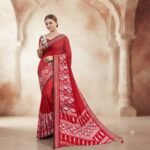Women's Red Silk Bandhani Print Saree with White Ethnic Motifs, Mirror Work Pallu & Tassel Detailing – Festive, Traditional Saree - Image 6