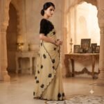 Women's Beige Georgette Saree with Black Floral Embroidery, Scalloped Cutwork Border & Contrast Blouse Piece – Party Wear, Wedding, Festive Saree - Image 3