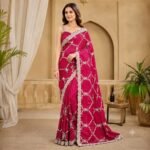 Rani Pink Organza Saree with Silver Zari Embroidery, Designer Party Wear Saree with Stitched Blouse for Women