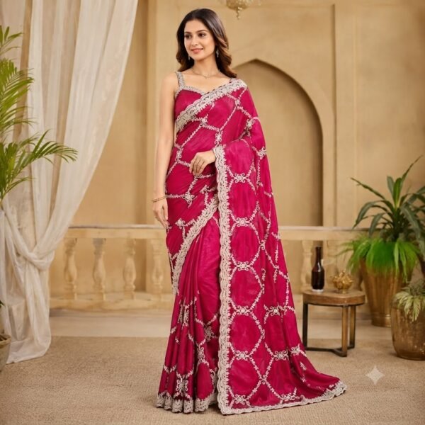 Rani Pink Organza Saree with Silver Zari Embroidery, Designer Party Wear Saree with Stitched Blouse for Women