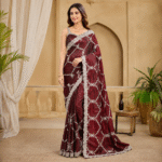 Brown Organza Saree with Silver Zari Embroidery, Designer Party Wear Saree with Stitched Blouse for Women