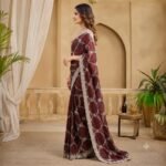 Brown Organza Saree with Silver Zari Embroidery, Designer Party Wear Saree with Stitched Blouse for Women - Image 3