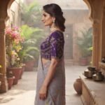 Women's Grey Silver Georgette Saree with Purple Embroidered Blouse | Floral Sequin Work Party Wear Saree with Stone Border - Image 5