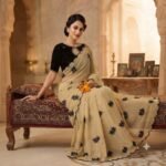 Women's Beige Georgette Saree with Black Floral Embroidery, Scalloped Cutwork Border & Contrast Blouse Piece – Party Wear, Wedding, Festive Saree - Image 6