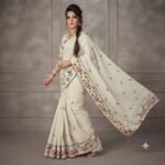 Women's Off-White Georgette Saree with Multicolor Floral Embroidery, Zigzag Border & Embroidered Blouse Piece – Party Wear, Festive, Casual Saree - Image 3