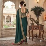 Women's Teal Green Silk Saree with Multicolor Embroidered Border, Tassel Detailing & Embroidered Blouse Piece – Party Wear, Wedding, Festive Saree - Image 5