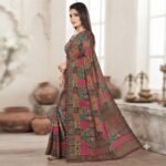 Women's Multicolor Digital Print Patchwork Saree with Maroon Blouse | Kalamkari Style Printed Saree with Contrast Border - Image 6