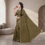Women's Olive Green Barbari Silk Saree with Golden Lace Border & Matching Blouse Piece – Party Wear, Festive, Traditional Saree - Image 3