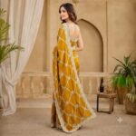 Mustard Yellow Organza Saree with Silver Zari Embroidery, Designer Party Wear Saree with Stitched Blouse for Women - Image 5