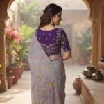 Women's Grey Silver Georgette Saree with Purple Embroidered Blouse | Floral Sequin Work Party Wear Saree with Stone Border - Image 6