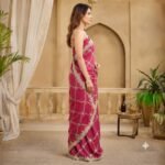 Rani Pink Organza Saree with Silver Zari Embroidery, Designer Party Wear Saree with Stitched Blouse for Women - Image 5