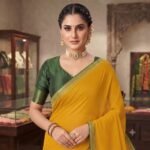 Women's Mustard Yellow Plain Silk Saree with Green Contrast Blouse | Golden Zari Border Traditional Saree - Image 5