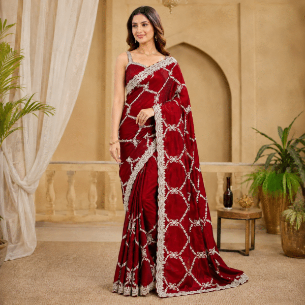 Red Organza Saree with Silver Zari Embroidery, Designer Party Wear Saree with Stitched Blouse for Women