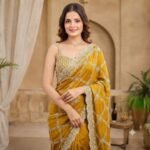 Mustard Yellow Organza Saree with Silver Zari Embroidery, Designer Party Wear Saree with Stitched Blouse for Women - Image 2