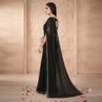 Women's Black Plain Georgette Saree with Golden Lace Border | Embroidered Sleeves Blouse Party Wear Saree - Image 2