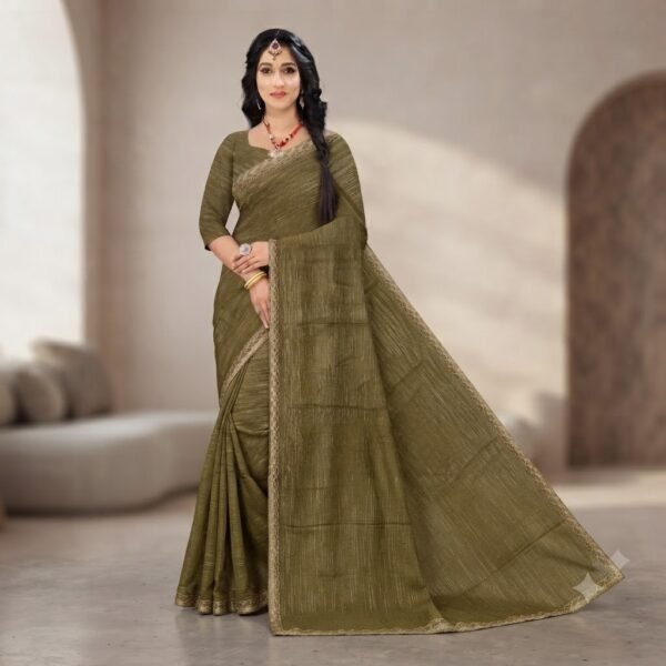Women's Olive Green Barbari Silk Saree with Golden Lace Border & Matching Blouse Piece – Party Wear, Festive, Traditional Saree