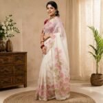 Women's Off-White Organza Saree with Hand-Painted Pink Floral Border, Scalloped Edge Designer Saree with Unstitched Blouse Piece - Image 2