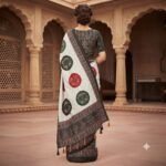 Women's Off-White Printed Saree with Black Contrast Border, Medallion & Figurine Print Pallu, Designer Blouse Piece | Casual Festive Ethnic Wear Saree - Image 2
