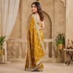 Mustard Yellow Organza Saree with Silver Zari Embroidery, Designer Party Wear Saree with Stitched Blouse for Women - Image 3