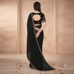Women's Black Plain Georgette Saree with Golden Lace Border | Embroidered Sleeves Blouse Party Wear Saree - Image 3