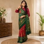 Women's Green & Red Bandhani Print Gaji Silk Saree with Elephant Motif Pallu, Traditional Rajasthani Bandhej Saree with Unstitched Blouse Piece - Image 3