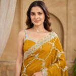 Mustard Yellow Organza Saree with Silver Zari Embroidery, Designer Party Wear Saree with Stitched Blouse for Women - Image 4