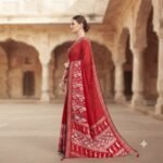Women's Red Silk Bandhani Print Saree with White Ethnic Motifs, Mirror Work Pallu & Tassel Detailing – Festive, Traditional Saree - Image 3