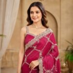 Rani Pink Organza Saree with Silver Zari Embroidery, Designer Party Wear Saree with Stitched Blouse for Women - Image 4