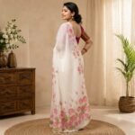 Women's Off-White Organza Saree with Hand-Painted Pink Floral Border, Scalloped Edge Designer Saree with Unstitched Blouse Piece - Image 3