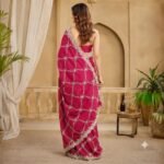 Rani Pink Organza Saree with Silver Zari Embroidery, Designer Party Wear Saree with Stitched Blouse for Women - Image 6