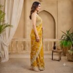 Mustard Yellow Organza Saree with Silver Zari Embroidery, Designer Party Wear Saree with Stitched Blouse for Women - Image 6