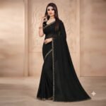 Women's Black Plain Georgette Saree with Golden Lace Border | Embroidered Sleeves Blouse Party Wear Saree - Image 4