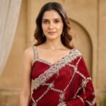 Red Organza Saree with Silver Zari Embroidery, Designer Party Wear Saree with Stitched Blouse for Women - Image 4