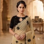 Women's Beige Georgette Saree with Black Floral Embroidery, Scalloped Cutwork Border & Contrast Blouse Piece – Party Wear, Wedding, Festive Saree - Image 5