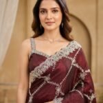 Brown Organza Saree with Silver Zari Embroidery, Designer Party Wear Saree with Stitched Blouse for Women - Image 4