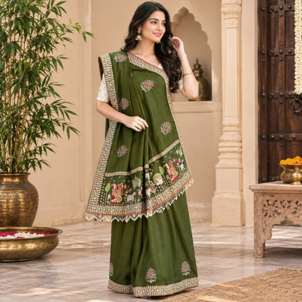 Women's Mehendi Green Silk Saree with Kutch Embroidery Work, Heavy Tassel Lace Border & Contrast Printed Blouse Piece | Traditional Ethnic Wedding & Festive Wear Saree