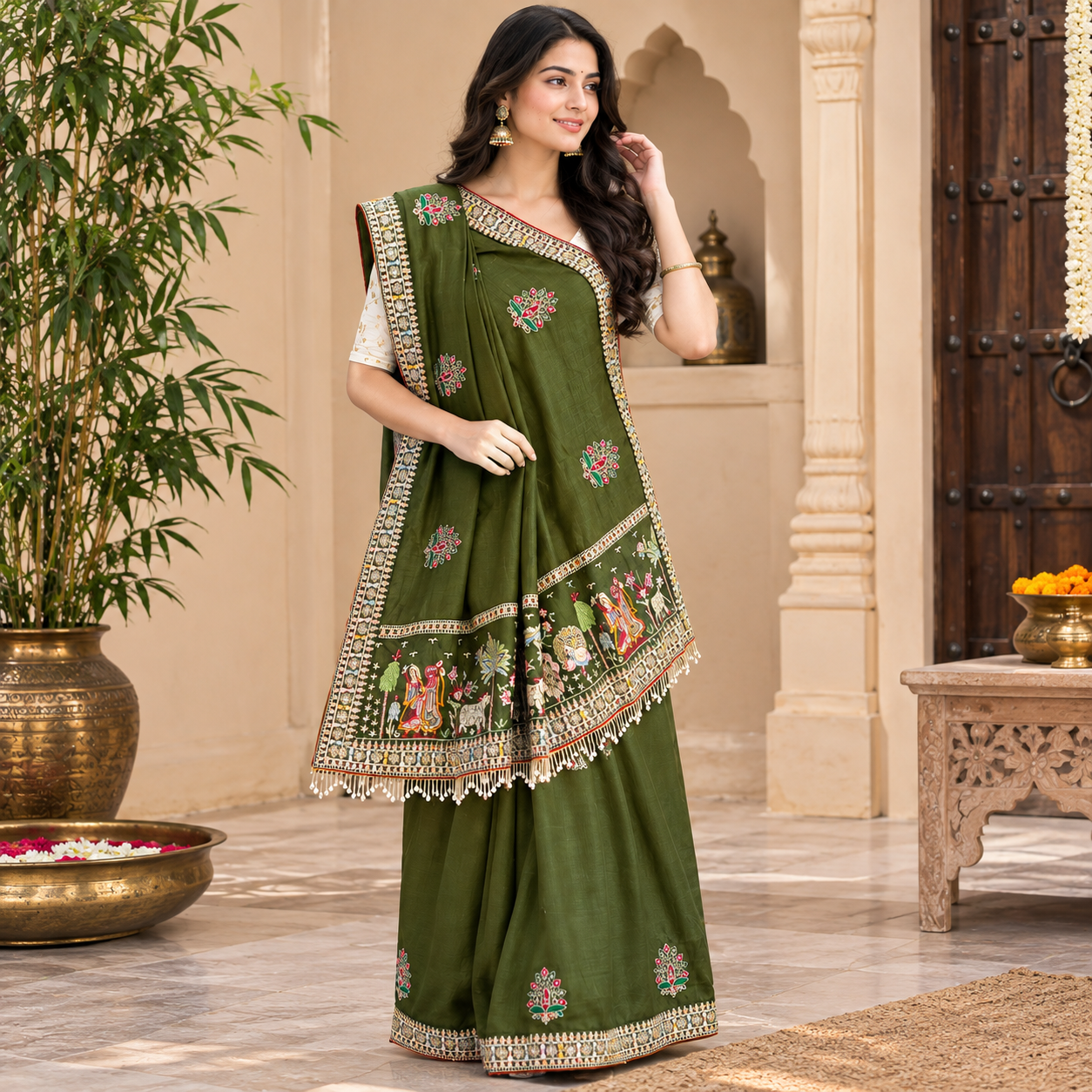 d753b73e-0476-471b-a245-7c7511904587 Women's Mehendi Green Silk Saree with Kutch Embroidery Work, Heavy Tassel Lace Border & Contrast Printed Blouse Piece | Traditional Ethnic Wedding & Festive Wear Saree - Image 1