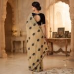 Women's Beige Georgette Saree with Black Floral Embroidery, Scalloped Cutwork Border & Contrast Blouse Piece – Party Wear, Wedding, Festive Saree - Image 2